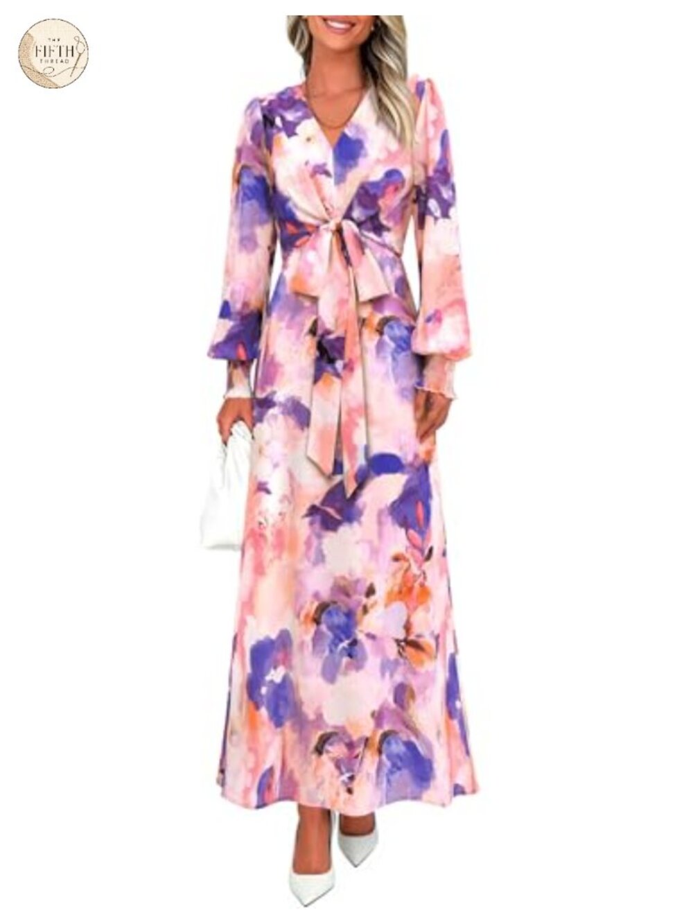 Womens Floral Maxi Dress Long Sleeve Tie Waist Ruffle A-Line Formal
